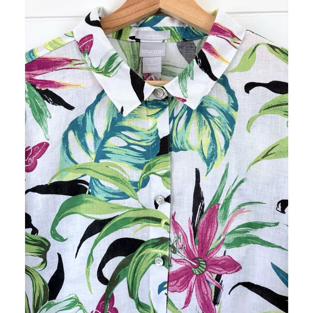 Chicos Linen Tropical Floral Button Up Blouse No Iron Size 16 (3) White Green - Picture 2 of 13
